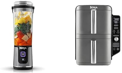 Ninja Blast Blender portable, 530 ml, mini blender sans fil puissant, rechargeable, BC151EUBK + Ninja Double Stack XL Friteuse sans huile, friteuse verticale à 2 tiroirs, SL400EU