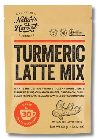 Nature's Harvest - Turmeric Latte Mix, Add on Golden Milk Tea, Smoothies and Other Drinks, Turmeric Spice Blend, Caffeine-Free Coffee Alternative, 60g Pack, 30 Servings