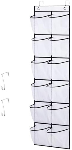 SOPSTUO Hanging Shoe Storage - Over Door Shoe Rack with 12 Breathable Mesh Pockets and 2 Metal Hooks