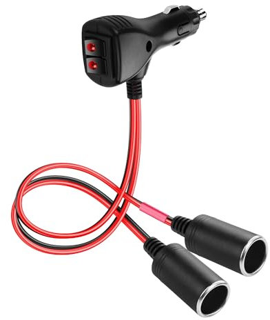 SinLoon Adattatore splitter per accendisigari da 12 V, con 2 interruttori indipendenti, 16 AWG, 1 maschio a 2 prese femmine, cavo di alimentazione splitter Y con fusibile da 15 A, 0,3 M/1 FT