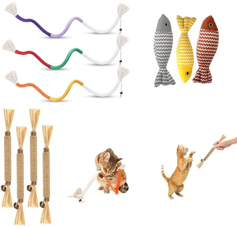 LURICO Katzenspielzeug – Katzenspielzeug Selbstbeschäftigung mit 4 Katzenminze Sticks, 3 Katzenminze Fisch & 3 Kauschnüren – Reduziert Ängste & fördert die Zahnpflege