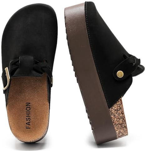 Suede Clogs for Women, Closed Toe Sandals Slides, Soft Cork Footbed Comfort Mules with Adjustable Buckle,Leather Potato Shoes with Arch Support Black