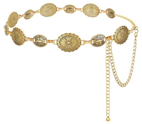 WERFORU Dam, västerländsk kedjebälte, justerbar 110–150 cm, midjekedja, metall, guld/silver, cowgirl tillbehör för klänningar, fest, bröllop, B-guld, Gesamtlänge 150cm (Passt Taille unter 135cm)