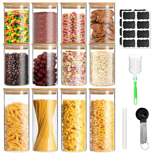 BJNN 12pcs Bocal en Verre avec Couvercle,Bocal en Verre avec Couvercle Bocaux en Verre Hermétique Pour Céréales,Cornflakes,Spaghetti-Bocaux Rangement Cuisine (550ml/950ml)