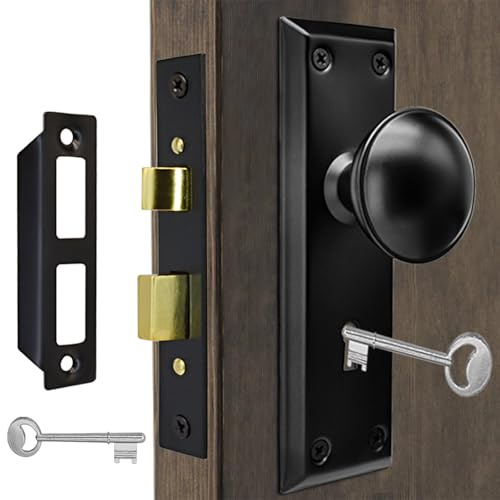 Antique Interior Door Knobs Mortise Lock Set with Skeleton Key Locks, Vintage Door Hardware Parts Fit 1-3/8 -1-3/4 Thick Doors, 2-3/8 Backset, Reversible Latch, Matte Black, 2 Pack