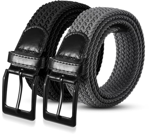 ViEinkaufen 2 pieces Belts Men, Elastic Braided Stretch Belt Unisex Mens Women Belt Woven Trouser Belts for Jeans, Shorts, Trousers Casual Work, 105cm/41.33inch, Black, Grey