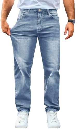 Runcati Pantalon jean pour homme coupe régulière, en denim stretch, décontracté, basique, bleu clair, M