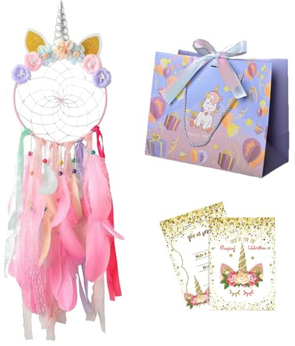 3 Stück Traumfänger Kinder Set mit Karte und Geschenkbox, Dreamcatcher mit Einhorn Design, Traumfänger Bastelset für Schlafzimmer Zubehör, Geburtstagsgeschenk für Kinder