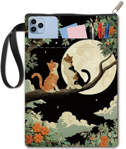 CRASPIRE Copertine per Libri con Gatti Moon Tree Book Protector Animal Flower Book Sleeve per Libri Tascabili Copertina in Tessuto Lavabile con Cerniera e Tasca Extra per Amanti dei Libri Regali