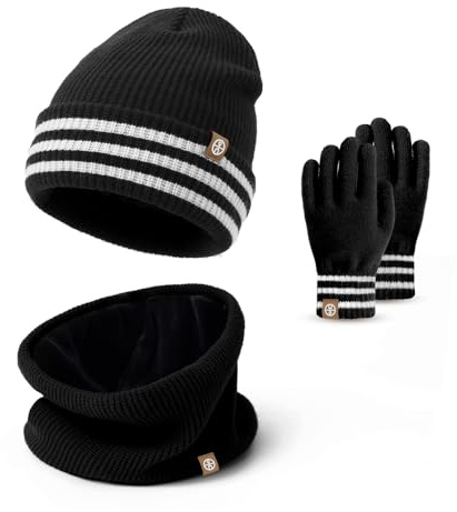 Baynetin Kids Hat Scarf Gloves 3-in-1 Winter Set | Thermal Beanie Hat + Fleece Neck Warmer & Touchscreen Mittens for Ages 4-10 | Windproof Soft Fleece Lining, Elastic Fit for Skiing/Snow Play (Black)