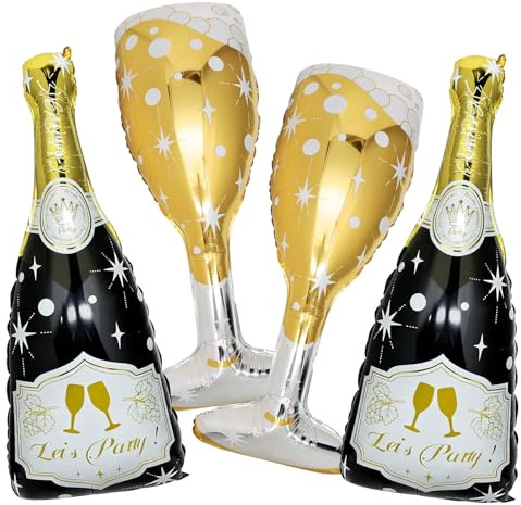 4 Pcs Champagne Balloons, Huge Black Gold Champagne Bottle Goblet Aluminum Foil Balloons for Birthday, Bachelorette, Graduation, Anniversary, 2026 New Years Eve Party Decorations Supplies
