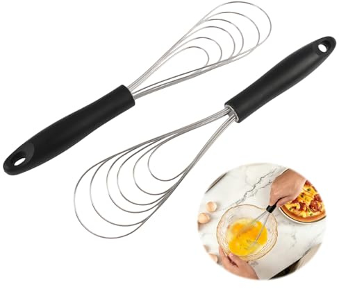 Set di 2 fruste in acciaio inossidabile e silicone, fruste piatte 27 cm con manico in PP nero, antiaderente, montaluova, per cottura, miscelazione e miscelazione, utensili da cucina resistenti al