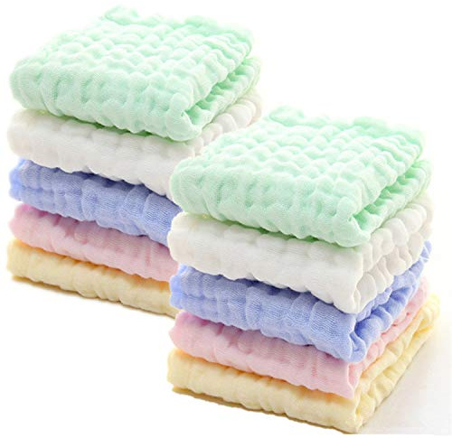 MUKIN Baby Washcloths - Natural Cotton Baby Wipes - Soft Newborn Face Towel for Sensitive Skin - 10 Pack, 12x12 inches (Multicolored)