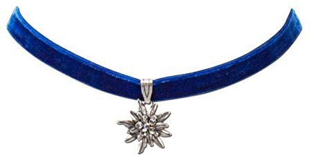 Trachtenkette Samt mit Strass-Edelweiß klein - Damen Samt-Kropfband enganliegend, Kropfkette elastisch, Dirndlkette schmal für Trachtenbluse und Lederhose, Dirndl-Schmuck fürs Oktoberfest (blau)