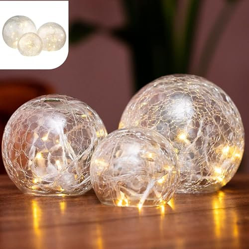 Gadgy Crackle Glass Ball Lights Set 3 | Ø 8,10,12 cm Globes | Decorative Indoor Table Lighting | with Warm White LED String | Battery Operated Table Lamps | Mood Fairy Light Night Lamp | Table Decor