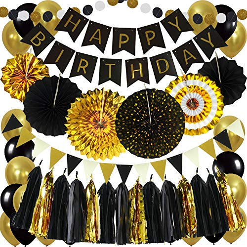 ZERODECO Geburtstagsdeko, Schwarz Gold Geburtstag Dekoration Happy Birthday Girlande mit Papier Fans Fächer Dreieckige Wimpel Papier-Quaste Girlanden und Luftballon