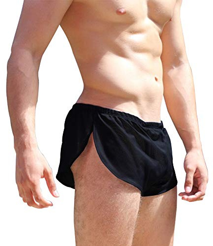 Alivebody Sexiga korta nätbyxor för män med delade sidor, loungeshorts, underkläder, boxershorts, svart, L