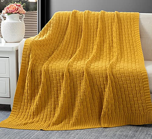 RUDONMG Mustard Yellow Cotton Cable Knit Throw Blanket, Cozy Warm Knitted Couch Cover Blankets, 60 x 80 Inch