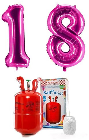 PARTY FACTORY Helium Set 18 mit XXL Zahlenballons, Ballongas und Ballonschnur - für Geburtstag, Jubiläum, Jahrestag; Gold, Silber, Schwarz, Pink, Rosa, Rosagold, Bunt (Pink)