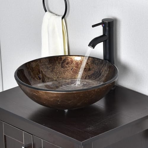 YU YUSING Ensemble Complet- Lavabo Rond en Verre avec Robinet, Vasque à Poser, Lave-Mains, pour Salle de Bain, Cuisine, Toilette, WC d'invités, Marron Moderne, 42 x 42 x 14 cm