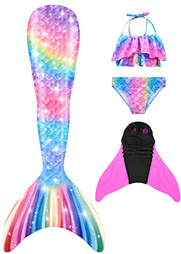 DNFUN Meerjungfrauenflosse Mädchen Cosplay Meerjungfrauenschwanz mit Bikini zum Schwimmen für Kinder mit Meerjungfrau Flosse und Mermaid Tail