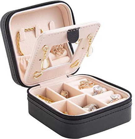 KElofoN Travel jewelry case Travel jewelry box Travel Jewelry Organizer Small Jewelry Organizer Box Gift for Girls Women with Mirror(Black)