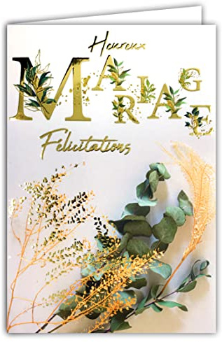 63-1150 Carte Heureux Mariage - Félicitations - Or Doré Brillant Scintillant - Enveloppe Incluse - Bohême Chic Fleurs séchées Eucalyptus Graminés - Fabriquée en France