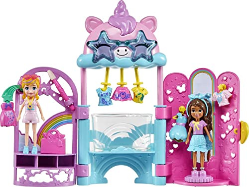 Polly Pocket Poupées et ensemble de jeu, jouet licorne avec 2 poupées et 19 accessoires de mode, Glam It Up Style Studio