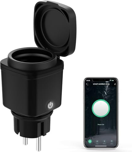 Prise Wi-Fi intelligente d'extérieur 2,4 GHz avec mesure de courant - Prise de jardin intelligente avec minuterie - Commande vocale - Compatible avec Alexa/Google Home - Étanche IP44 - Noir