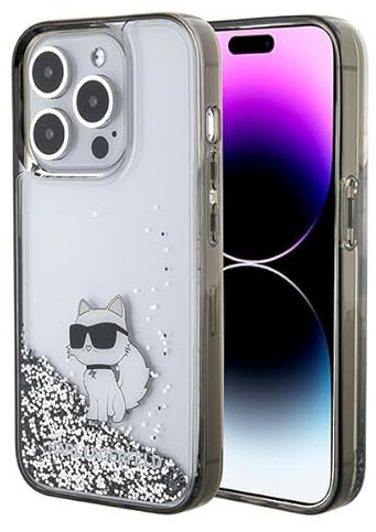 KARL LAGERFELD KLHCP15XLKCNSK Case for iPhone 15 Pro Max 6.7 Inch Transparent Hard Case Liquid Glitter Choupette