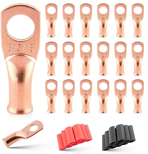 RED WOLF 20PCS 8 AWG-5/16 Battery Lugs W/3:1 Heat Shrink Tubing, Battery Cable Ends, Heavy Duty Copper Wire Lugs, Tubular Ring Terminals, 8 AWG Crimp Wire Ring Lugs for Automotive Electrical