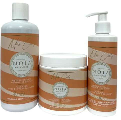 NOIA HAIR Miss Curly - Routine Capillaire pour cheveux bouclés,ondulés ou wavy - Shampooing, creme subliminatrice & Masque - À l'aloé vera,huile de piqui & Jojoba.