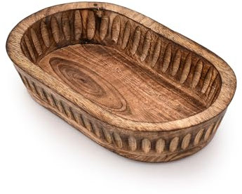 Indus Lifespace Decorative Bowl Mango Wood for Home Decor, Unique Centerpiece Bowl, with Hand Carved Vertical Stripes for Home Decor, Bathroom, Kitchen Counter, & More (10 x 6 x 2)