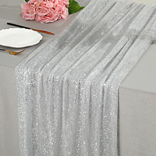 Ptwola Skir silver bordslöpare bröllop glitter bordslöpare paljett metallisk folie chiffong tyll ostduk gasväv boho bordsskydd mittpunkt för brud dusch födelsedag julfest dekoration