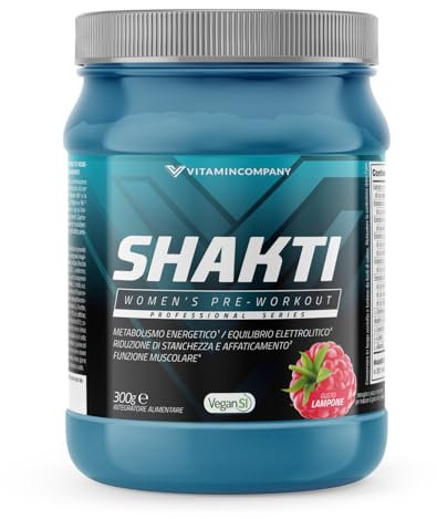 VitaminCompany - Shakti - Pre Allenamento Formulato per le Donne, Supporto Energetico, Riduzione di Stanchezza ed Affaticamento, Supporto Muscolare ed Equilibrio Elettrolitico, Gusto Lampone, 300 g