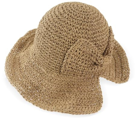 Feelorna Cappello di paglia da donna, cappello floppy a falda larga in paglia estivo pieghevole con nodo a fiocco, protezione UV, cappello da spiaggia per le vacanze all'aperto sulla spiaggia, cachi