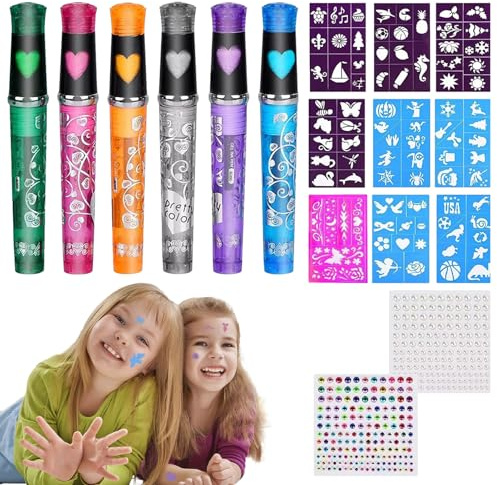 Erconsso Pennarelli per pittura per il corpo, bastoncini per pittura per il viso - Pennarelli per corpo a base d'acqua a 6 colori con 9 stencil,Sicuro per la pelle sensibile, pennarelli lavabili per