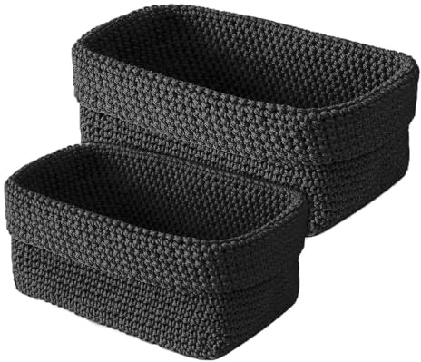 Hoite 2 cestini portaoggetti neri all'uncinetto intrecciati a mano in filo di seta ghiacciata, pieghevoli, per camera da letto, bagno, ufficio, piccoli oggetti, asciugamani