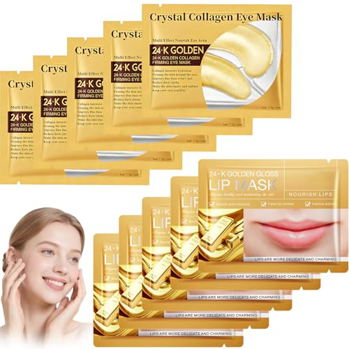 Virecose 10pcs Coussinets pour les Yeux Collagene avec 5pcs Masque à Lèvres au Collagène, Masque Collagène Exfoliant & Hydratant, Masque anti-âge avec hydratation rafraîchissante
