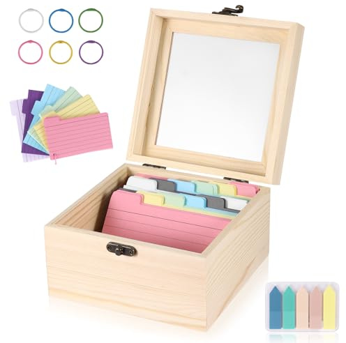 Wooden Index Card Box with 300 Color Tabbed Divider Cards, Heavy Duty Recipe Card Holder Organizer Transparent window, Flash Card Storage Box for Study, Filing Office Revision Recipe Notes, 15×15cm