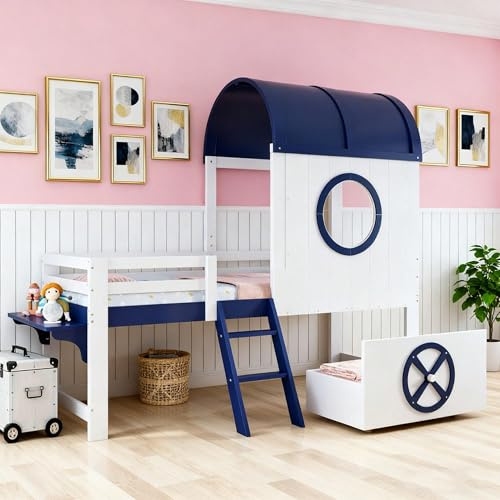 Våningssäng barnsäng 90 x 200 cm – halvhög med tak och fönster, låda på hjul, 2-stegs lutande glidskenor – vit och mörkblå (tall/MDF/plywood)