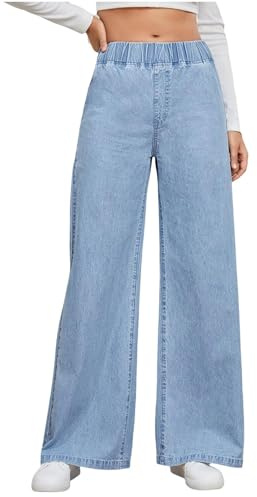 Jeans för kvinnor UK, breda ben jeans elastisk midja, hög stretch medelhög midja palazzo byxor dam dra på stövel ben byxor med fickor avslappnad passform enfärgade jeansbyxor