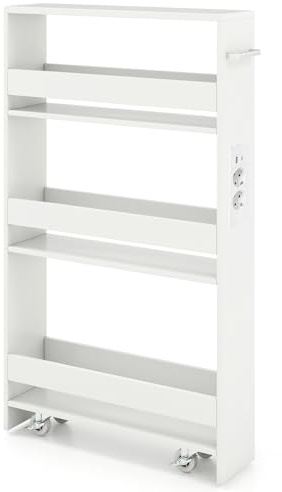 GIANTEX Scaffale per Nicchia da 20 cm di Larghezza, con Base di Ricarica, 4 Piani in Legno su Ruote, Scaffale Sottile per Cucina e Bagno, Carrello a Rotelle (Bianco+Bianco, Largo 13 cm, con presa)