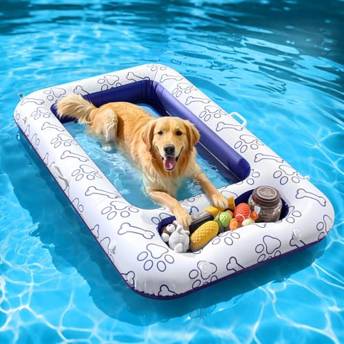 MoKo Colchoneta Hinchable Piscina para Perros, 150x90 cm para Perros Grandes, Flotador Inflable Piscina con Compartimento para Juguetes y Comida, Hamaca Flotante de PVC y Malla, Garra Hueso Azul