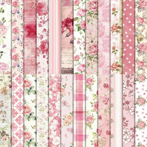 PORUPAEL 24 ark scrapbookpapper – blommönstrade decoupage-pappersark, rosa mönstrade kartongblock för scrapbooking, korttillverkning, gör-det-själv-projekt och presentinslagning (Blommor-H)