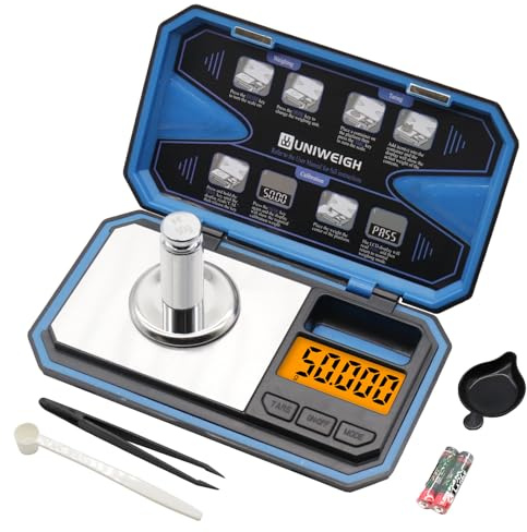 UNIWEIGH Milligram Scale,50g/0.001g Precision Scale with 50g Cal Weight | Compact Pocket Mg Scale for Power Medicine,Reloading,Jewelry ,Coin and Gem,Included Scoop,Power Pan,Tweezers and Battery