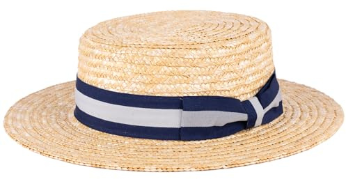 ZAKIRA Classic Straw Boater Hat Handmade from Natural Straw (Navy-Grey-Navy Band, L)