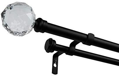 EXCLUSIVE HOME Crystal Ball Double Curtain Rod and Finial Set, Adjustable Matte Black, 36-72
