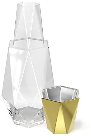 American Atelier 37 oz Fifth Avenue Modern Geometric Bedside Water Carafe with Tumbler Lid – 9 Glass Pitcher with Gold Accent for Nightstand, Guest Room & Office Drinkware (Gold)