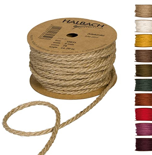 Halbach Seidenbänder Cuerda de Yute Premium, Ancho: 5 mm, Longitud: 20 m, Cuerda de Yute para decoración, Cuerda de Yute 100% Natural para jardín y Embalaje de Regalo, Color: Natural